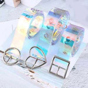 New Laser Women Belt Holographic Clear Waist Belt Metal Pin Buckle Transparent Waist Belts