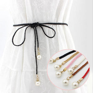 Hot Women Fashion Solid Color Self Tie Slim Belt Faux Pearl Waist Strap Waistband 1 order