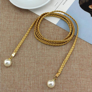 Hot Women Fashion Solid Color Self Tie Slim Belt Faux Pearl Waist Strap Waistband 1 order