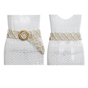 Women Belt Weave Wrap Around Tie Round Buckle Corset Cinch Waist Wide Dress Belt