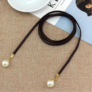 Hot Women Fashion Solid Color Self Tie Slim Belt Faux Pearl Waist Strap Waistband 1 order