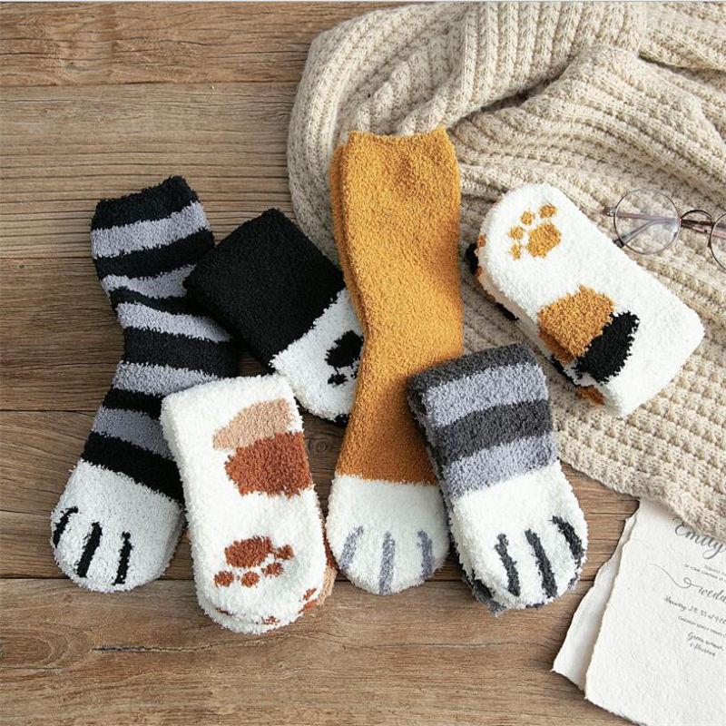 plush coral fleece socks female tube socks autumn and winter cat claws cute thick warm sleeping floor sleep socks